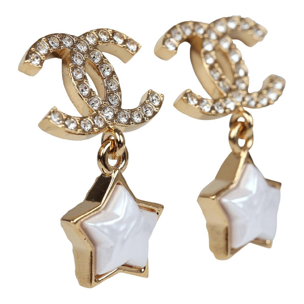 Chanel Crystal And Pearl CC Star Dangle Earrings Gold Hardware