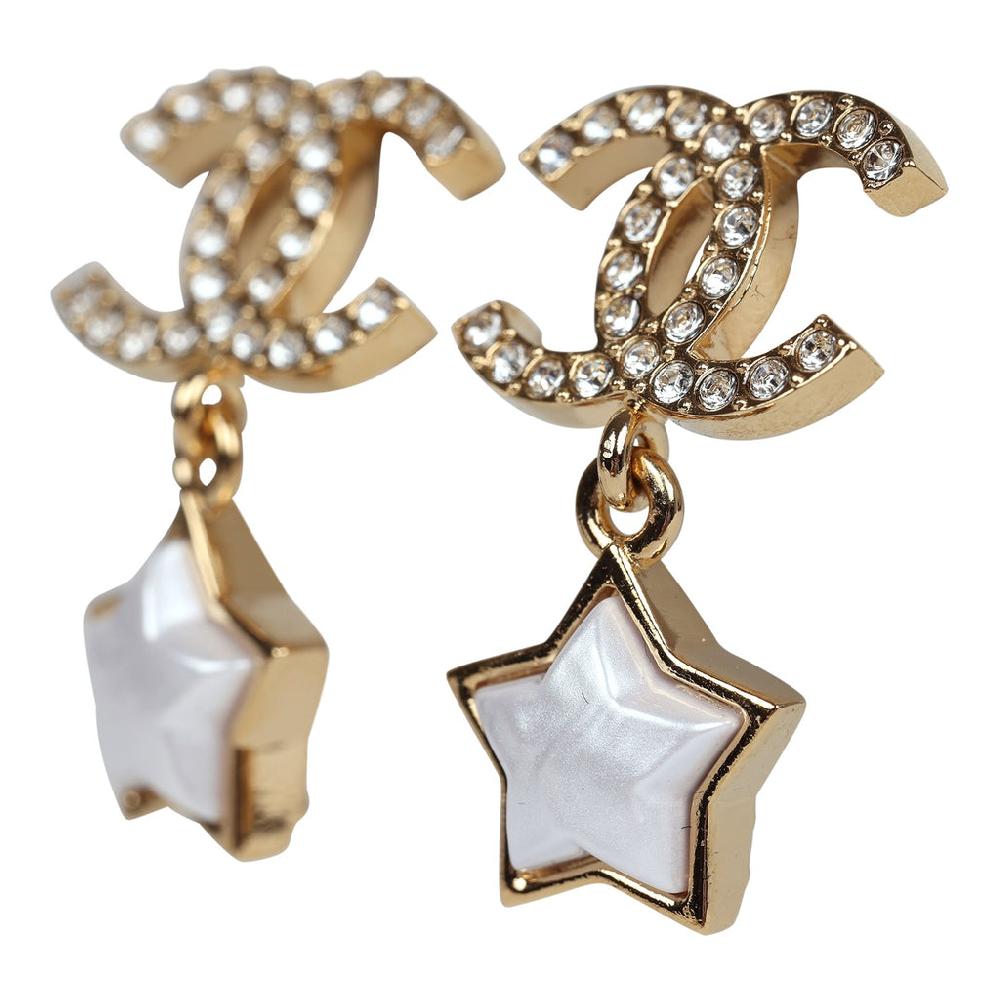 Chanel Crystal And Pearl CC Star Dangle Earrings Gold Hardware