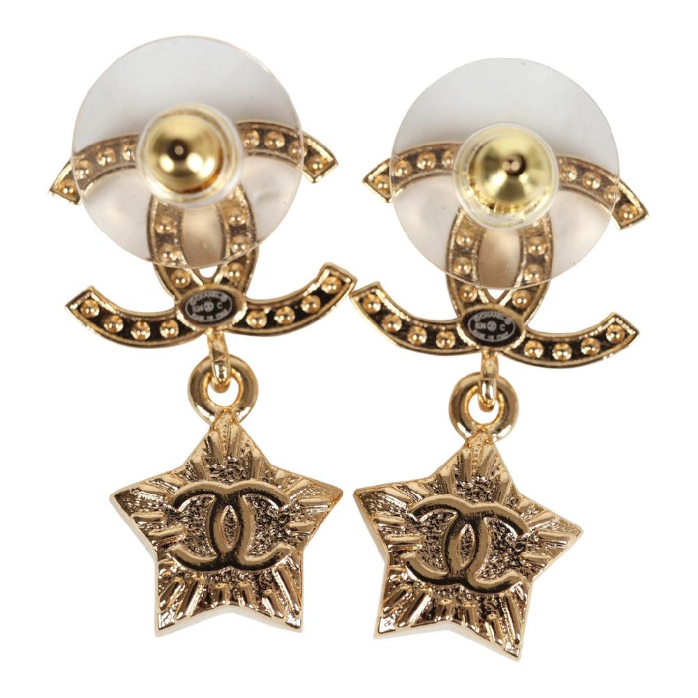 Chanel Crystal And Pearl CC Star Dangle Earrings Gold Hardware