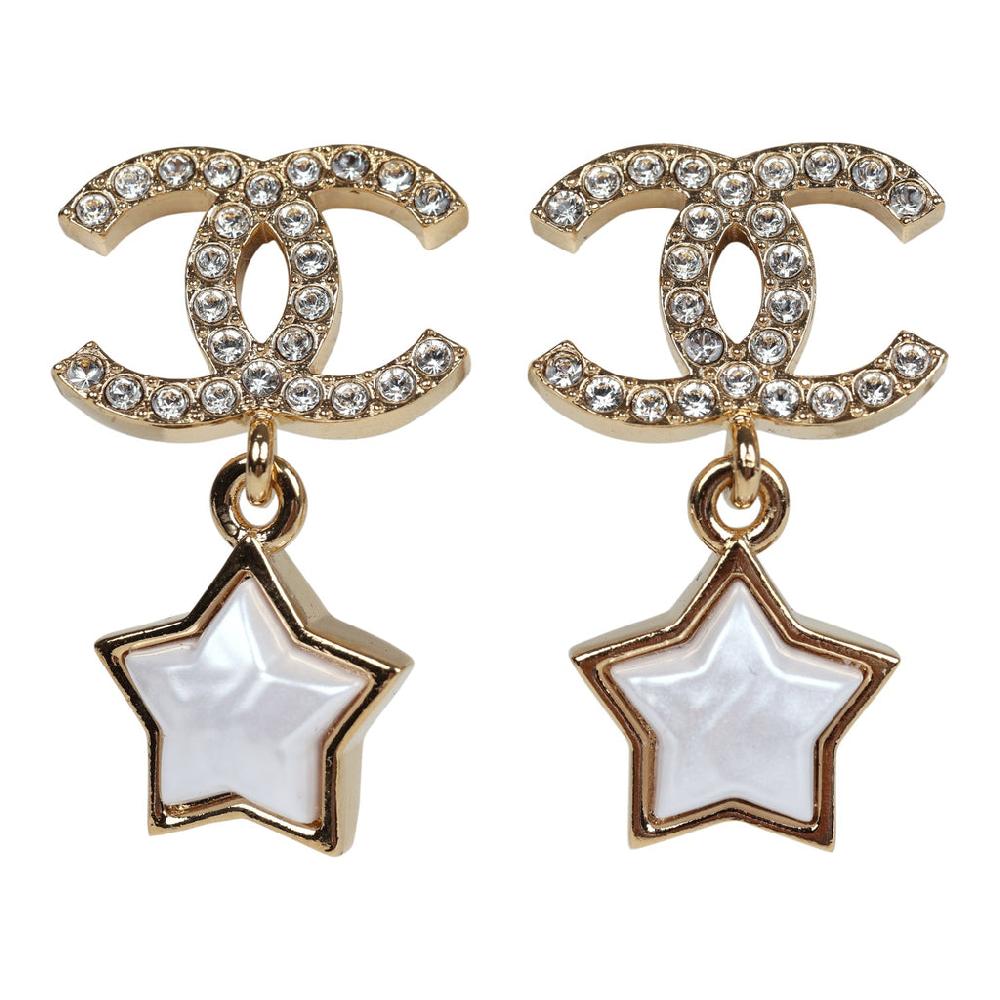 Chanel Crystal and Pearl CC Star Dangle Earrings Gold Hardware