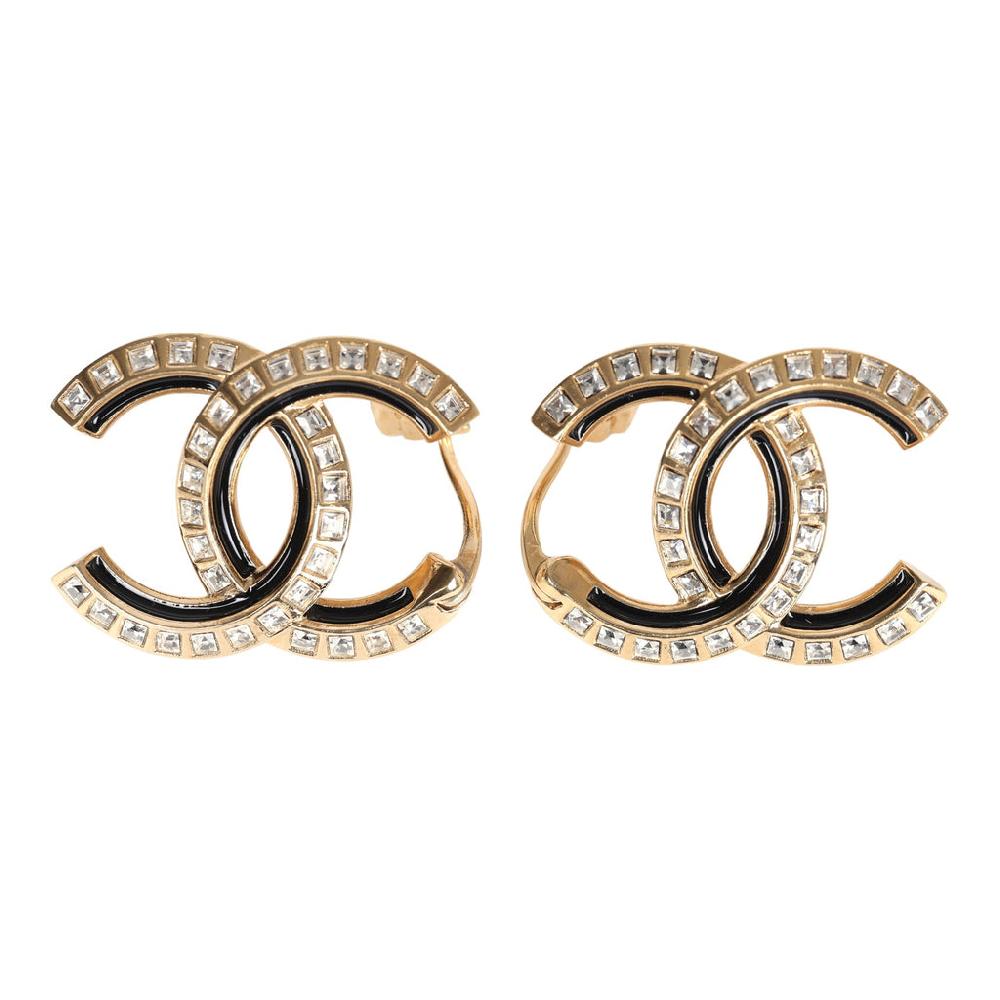 Chanel Crystal CC Earrings Black Enamel & Gold Hardware