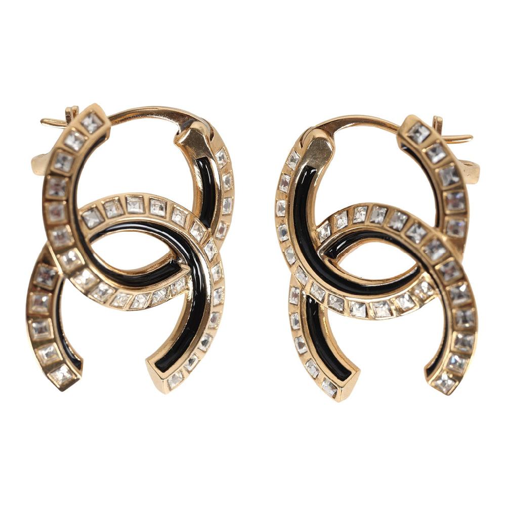 Chanel Crystal CC Earrings Black Enamel & Gold Hardware