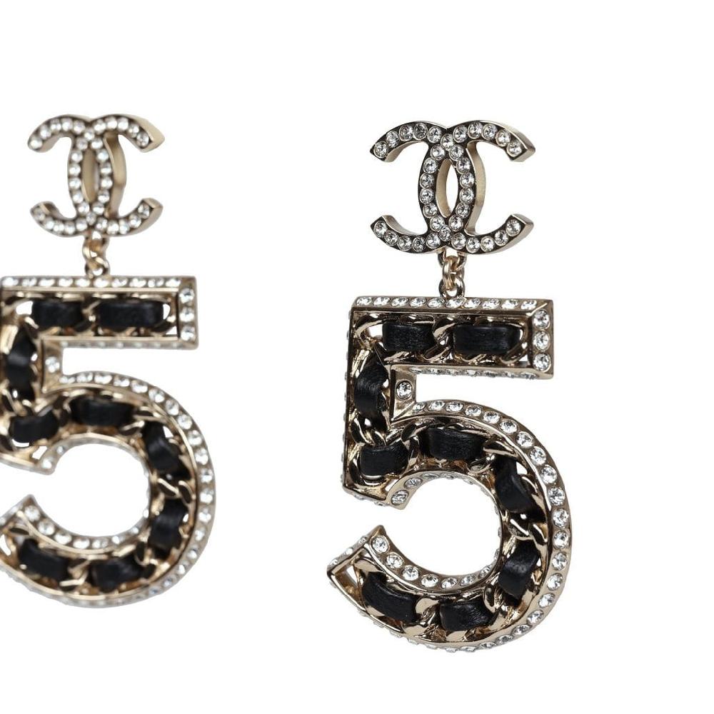 Chanel Crystal CC No. 5 Chain Drop Dangle Earrings Black Leather Light Gold Metal