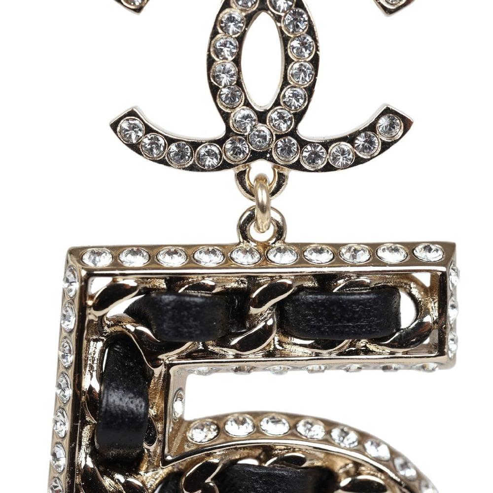 Chanel Crystal CC No. 5 Chain Drop Dangle Earrings Black Leather Light Gold Metal