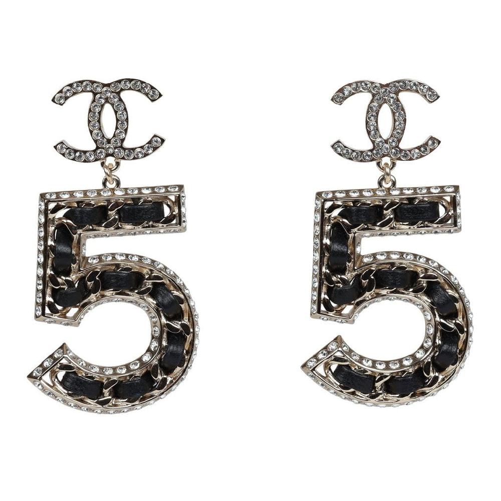 Chanel Crystal CC No. 5 Chain Drop Dangle Earrings Black Leather Light Gold Metal