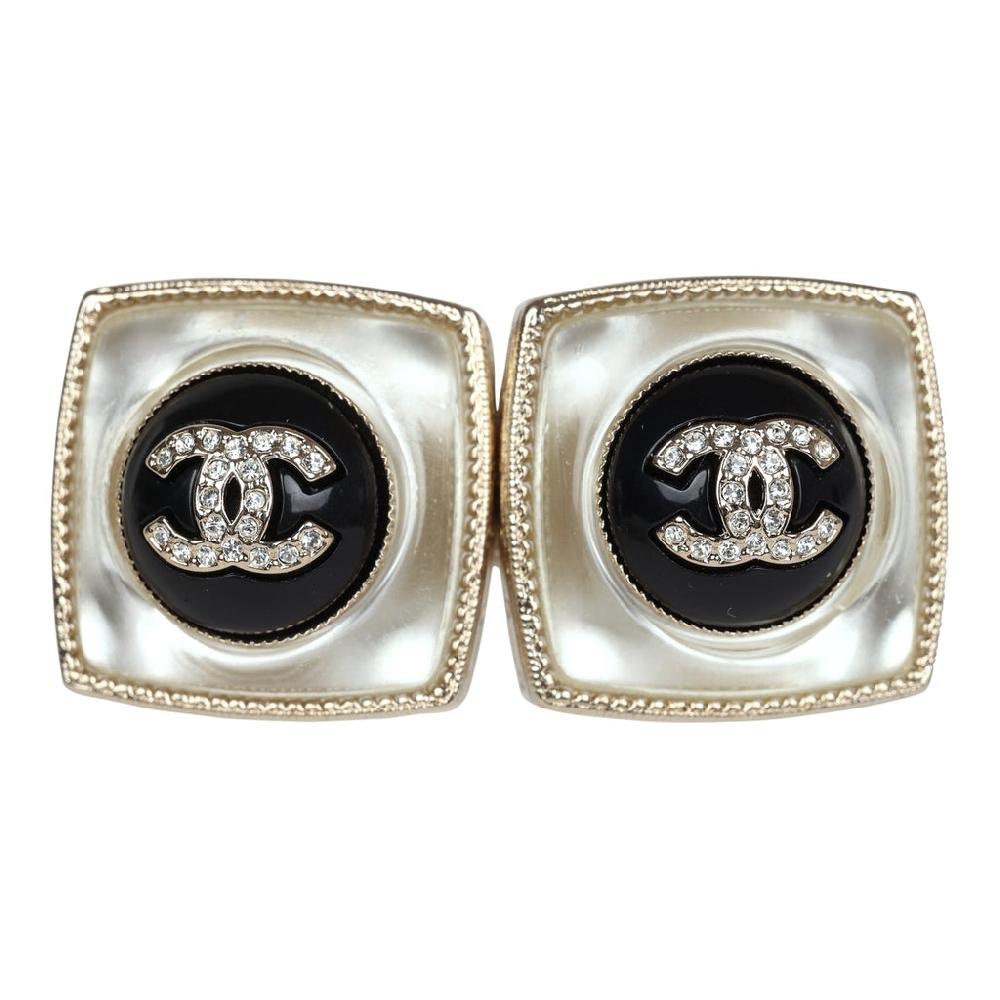 Chanel Crystal CC Square Pearl Stud Earrings Light Gold Hardware