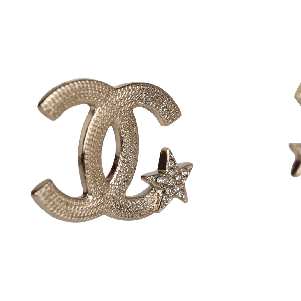 Chanel Crystal CC Star Stud Earrings Light Gold Hardware