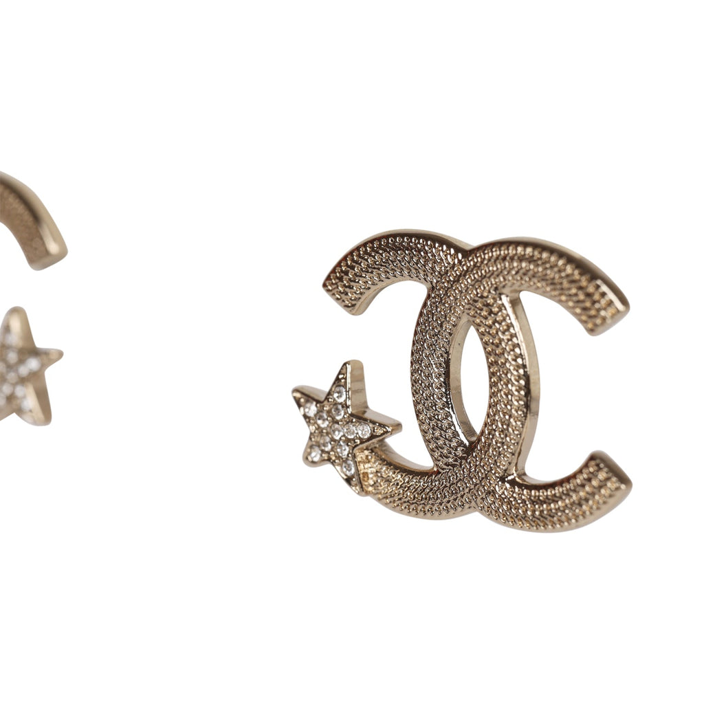 Chanel Crystal CC Star Stud Earrings Light Gold Hardware
