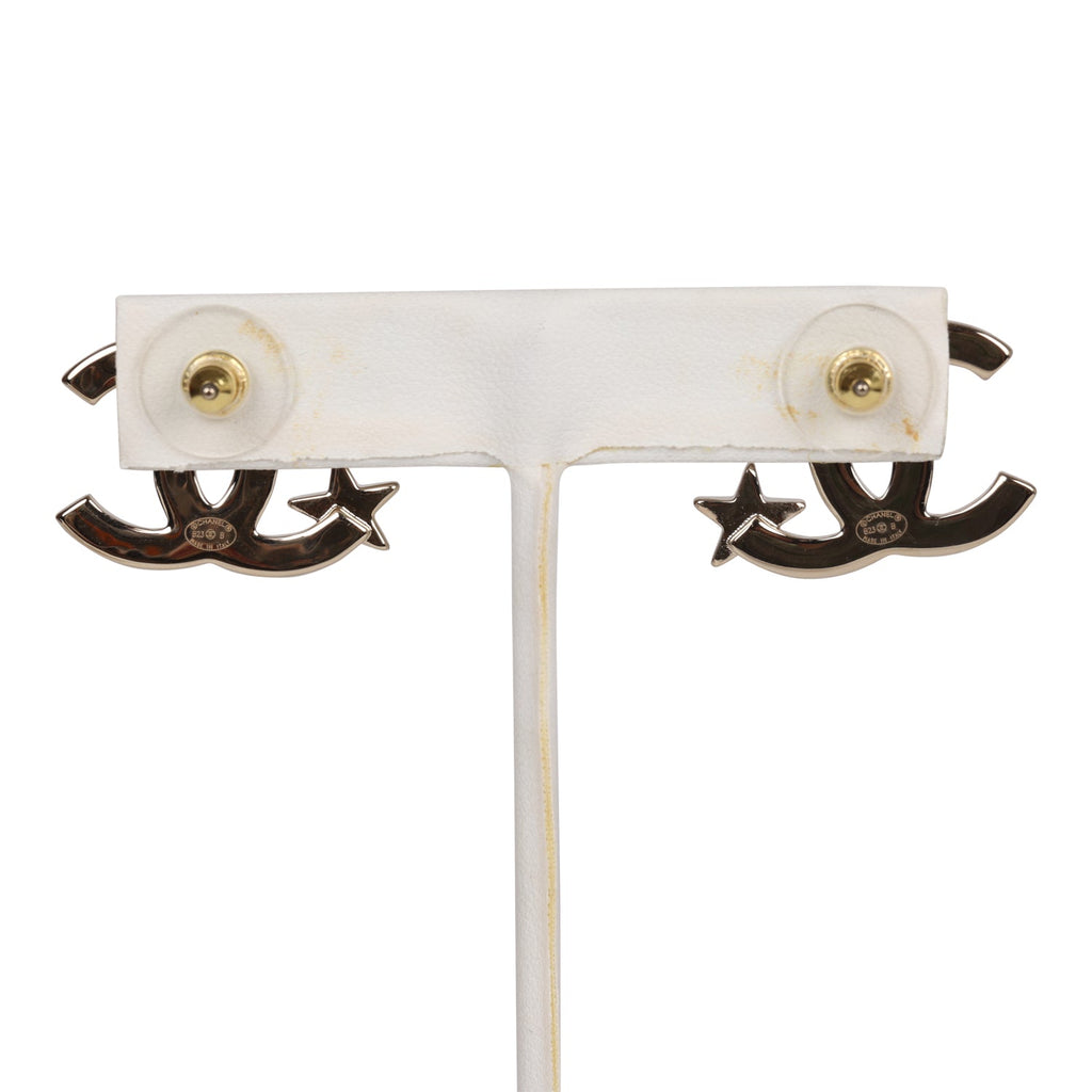 Chanel Crystal CC Star Stud Earrings Light Gold Hardware