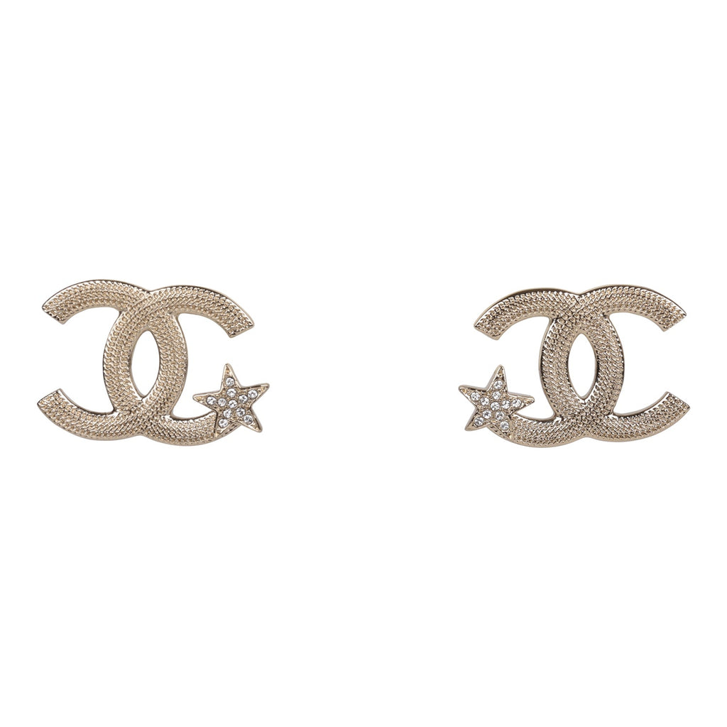 Chanel Crystal CC Star Stud Earrings Light Gold Hardware