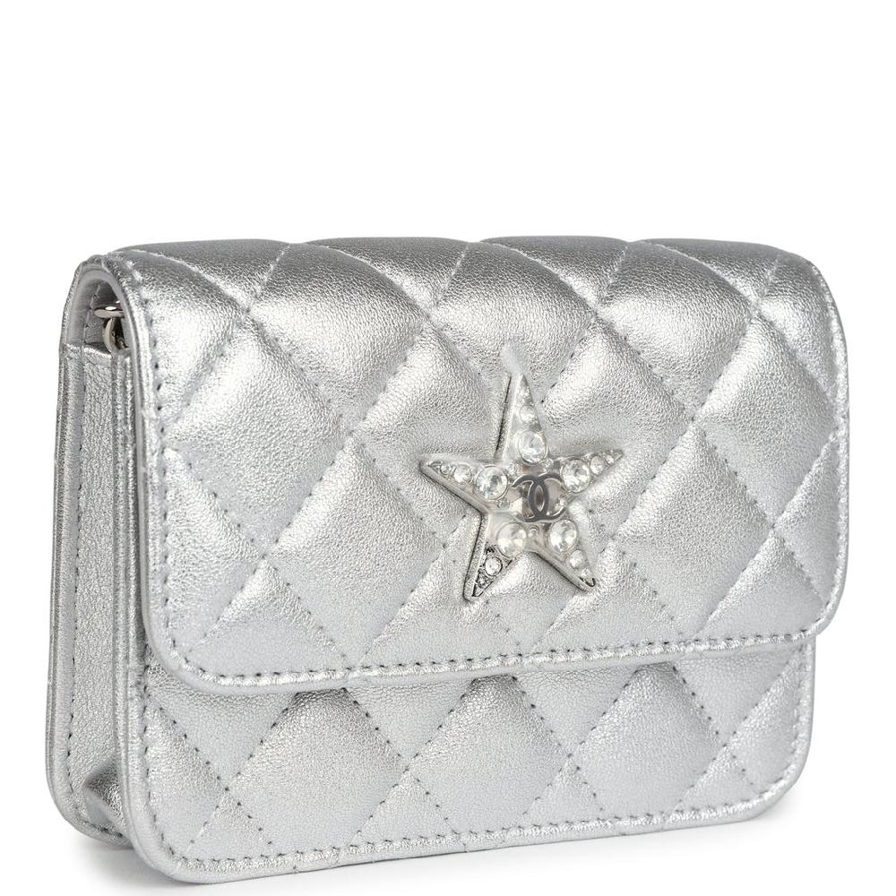 Chanel Crystal CC Walk Of Fame Clutch On Chain Silver Metallic Goatskin Silver Hardware