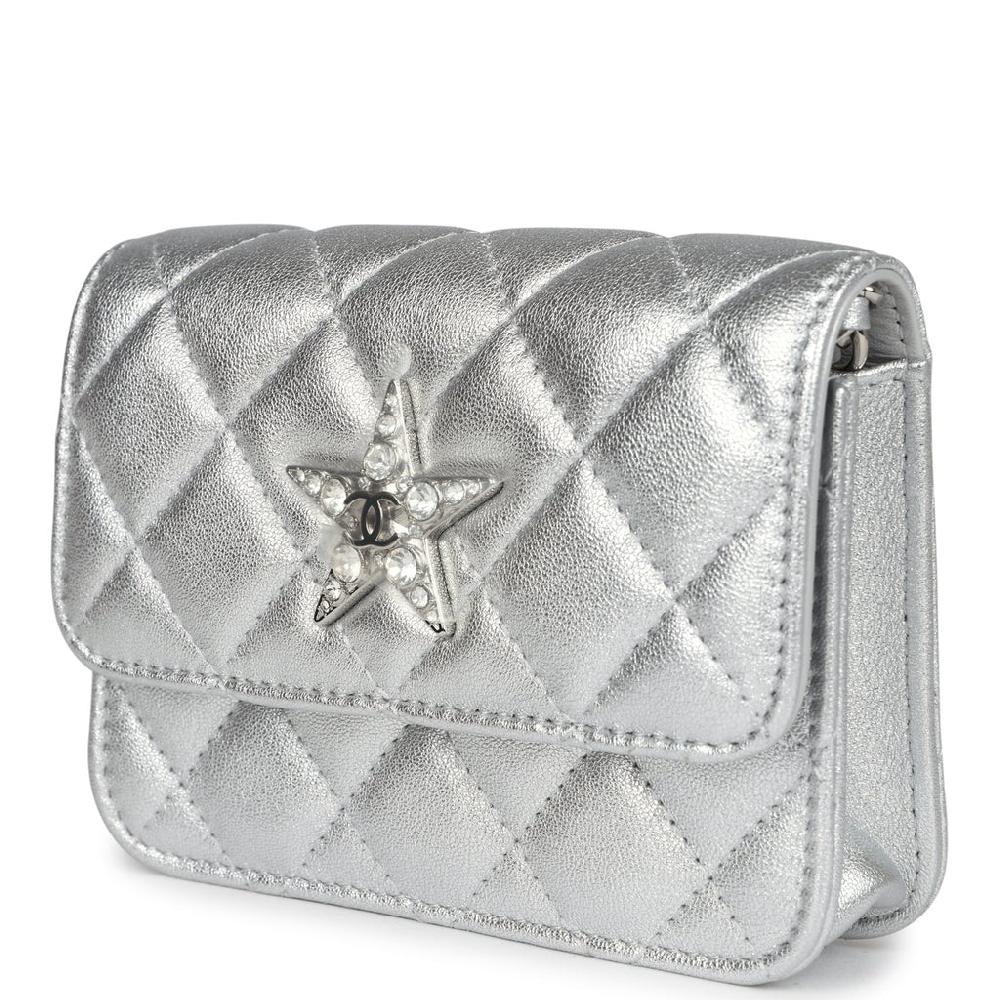 Chanel Crystal CC Walk Of Fame Clutch On Chain Silver Metallic Goatskin Silver Hardware