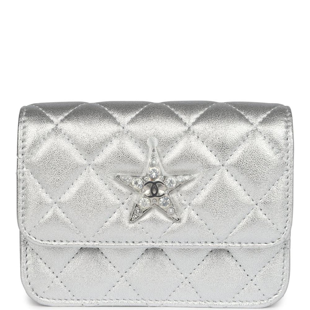 Chanel Crystal CC Walk Of Fame Clutch on Chain Silver Metallic Goatskin Silver Hardware