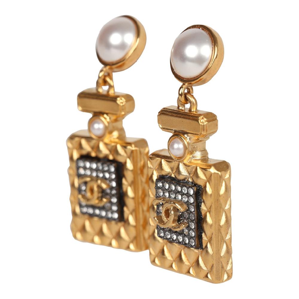 Chanel Crystal Pearl Perfume Bottle Dangle Earrings Gold Hardware