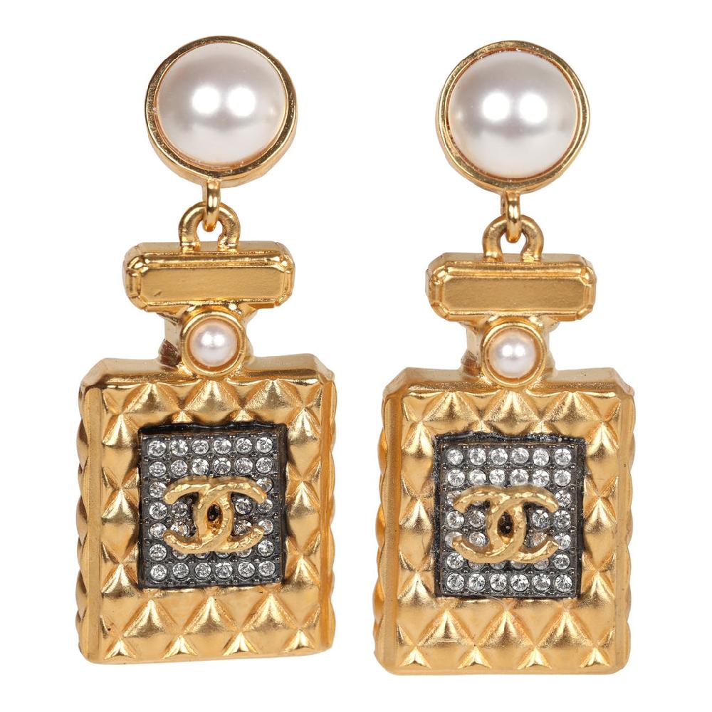 Chanel Crystal Pearl Perfume Bottle Dangle Earrings Gold Hardware