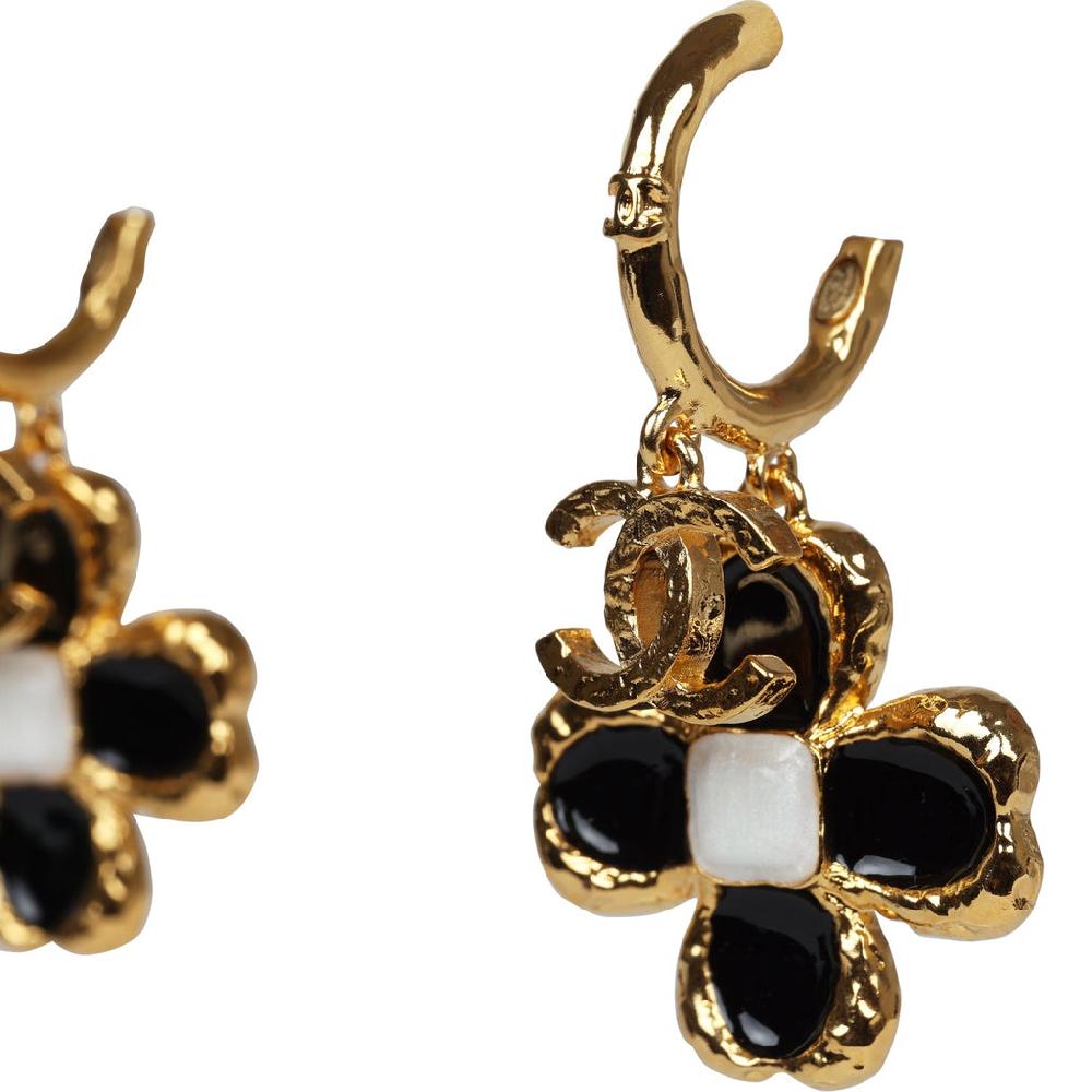 Chanel Flower Dangle CC Earrings Black Enamel & Gold Metal