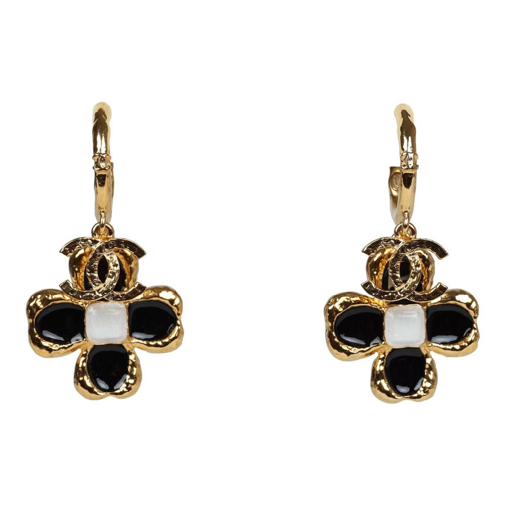 Chanel Flower Dangle CC Earrings Black Enamel & Gold Metal