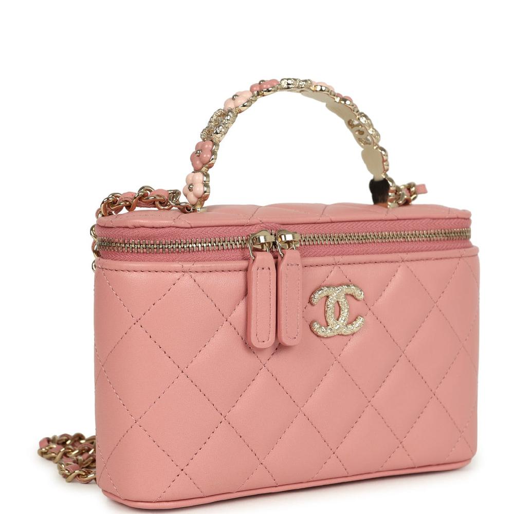 Chanel Flower Top Handle Long Vanity Case With Chain Pink Lambskin Light Gold Hardware