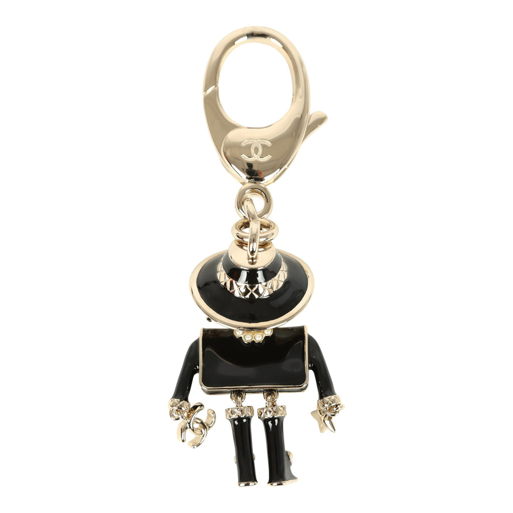 Chanel Gabrielle Doll Key Ring Black Resin & Faux Pearls Light Gold Tone Hardware