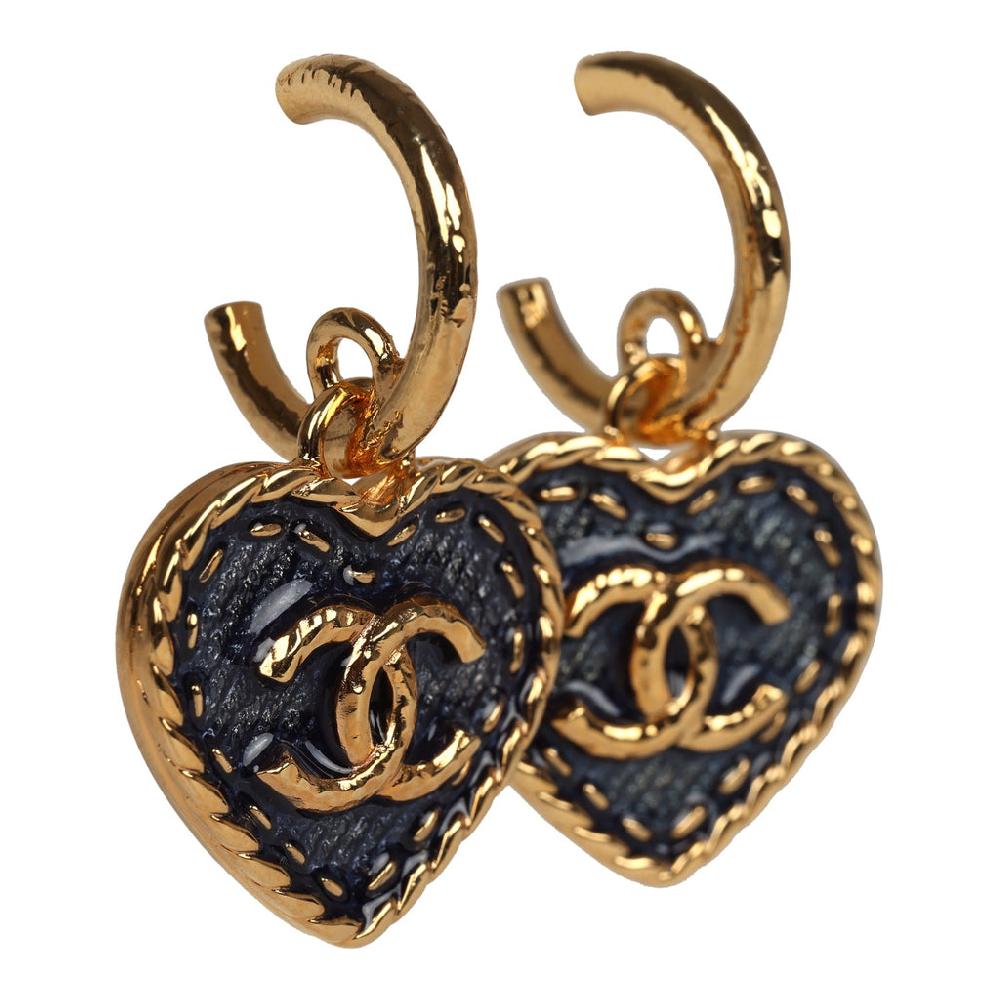 Chanel Gold Hoop CC Blue Denim Heart Dangle Earrings Gold Hardware