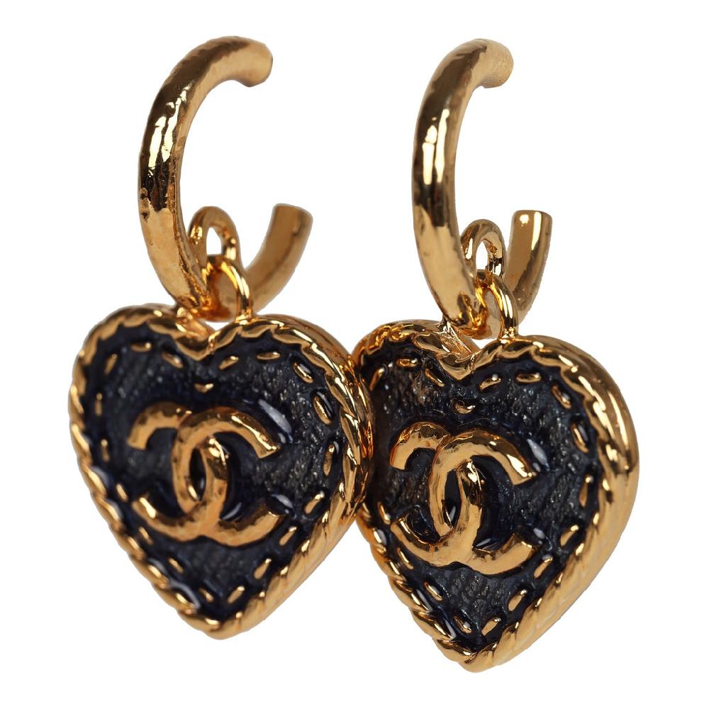 Chanel Gold Hoop CC Blue Denim Heart Dangle Earrings Gold Hardware