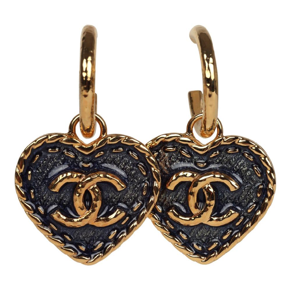 Chanel Gold Hoop CC Blue Denim Heart Dangle Earrings Gold Hardware