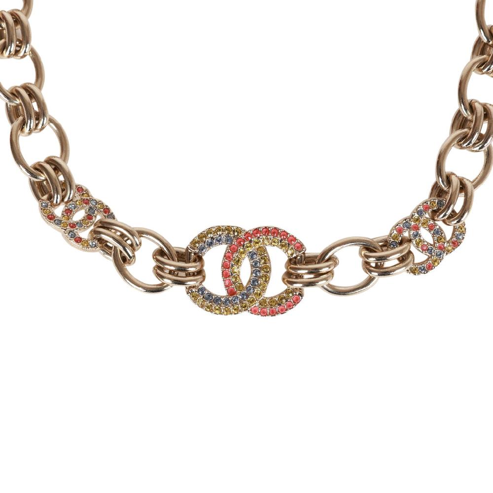 Chanel Gold Tone And Multicolor Crystal CC Choker Necklace