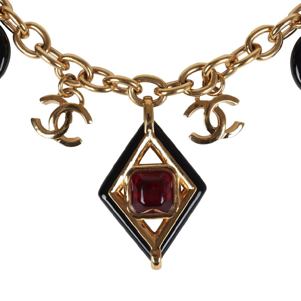Chanel Hearts Charm Necklace Black/Pink Enamel/Gripoix Gold Tone Hardware