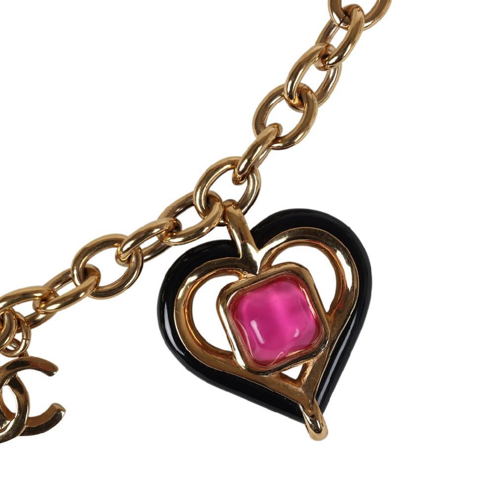 Chanel Hearts Charm Necklace Black/Pink Enamel/Gripoix Gold Tone Hardware