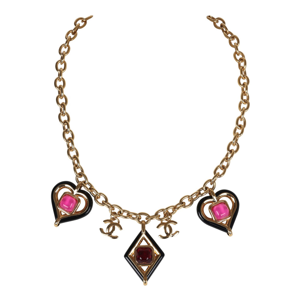 Chanel Hearts Charm Necklace Black/Pink Enamel/Gripoix Gold Tone Hardware