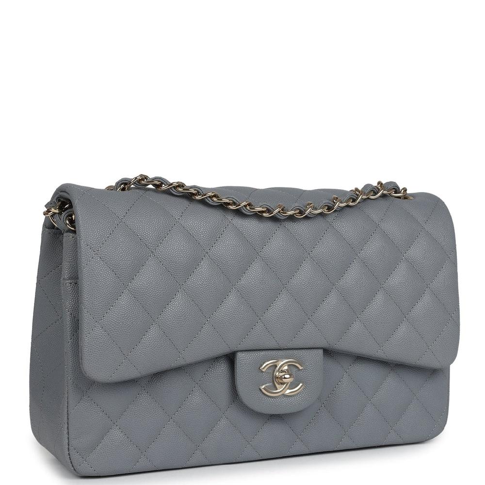 Chanel Jumbo Classic Double Flap Bag Light Grey Shiny Caviar Light Gold Hardware