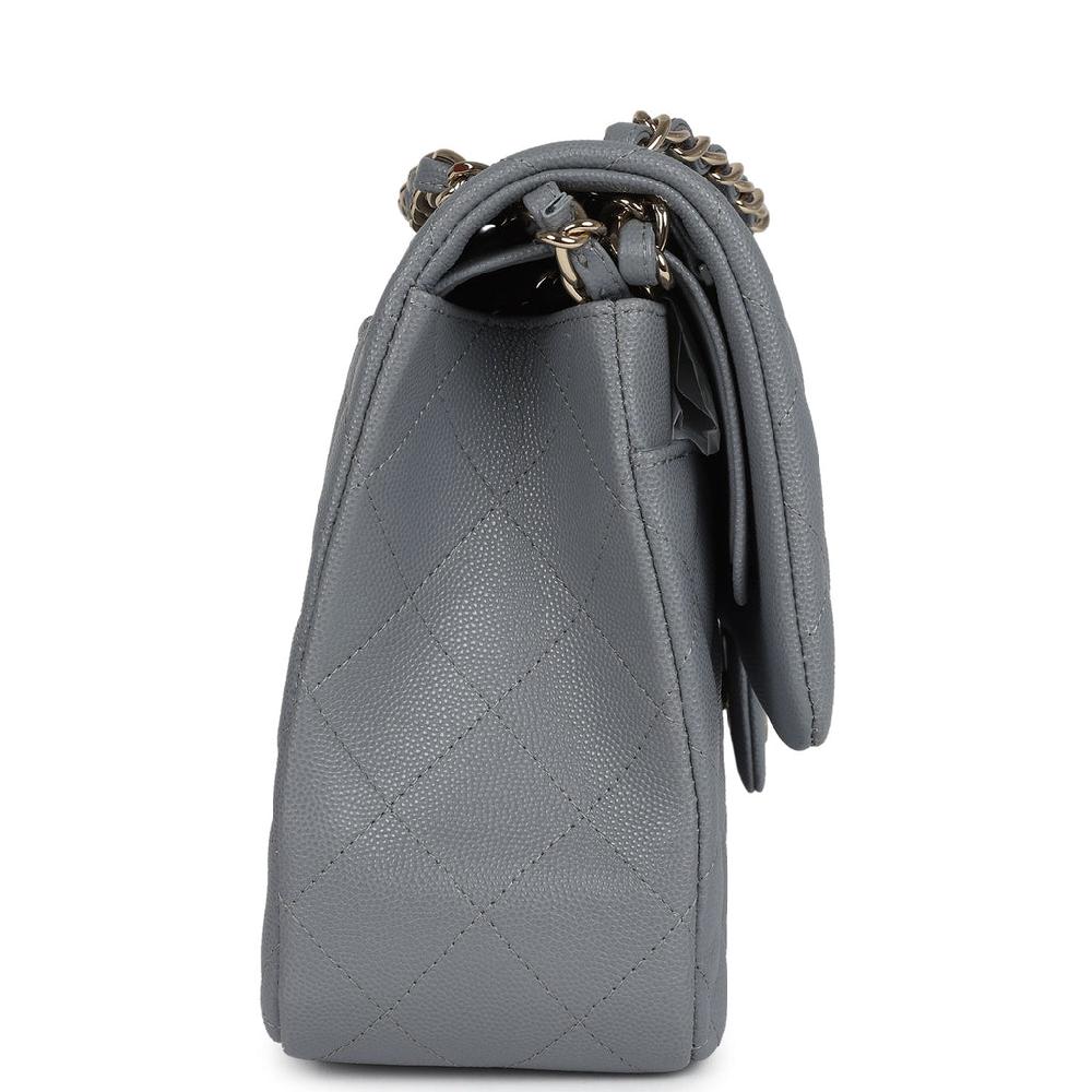 Chanel Jumbo Classic Double Flap Bag Light Grey Shiny Caviar Light Gold Hardware