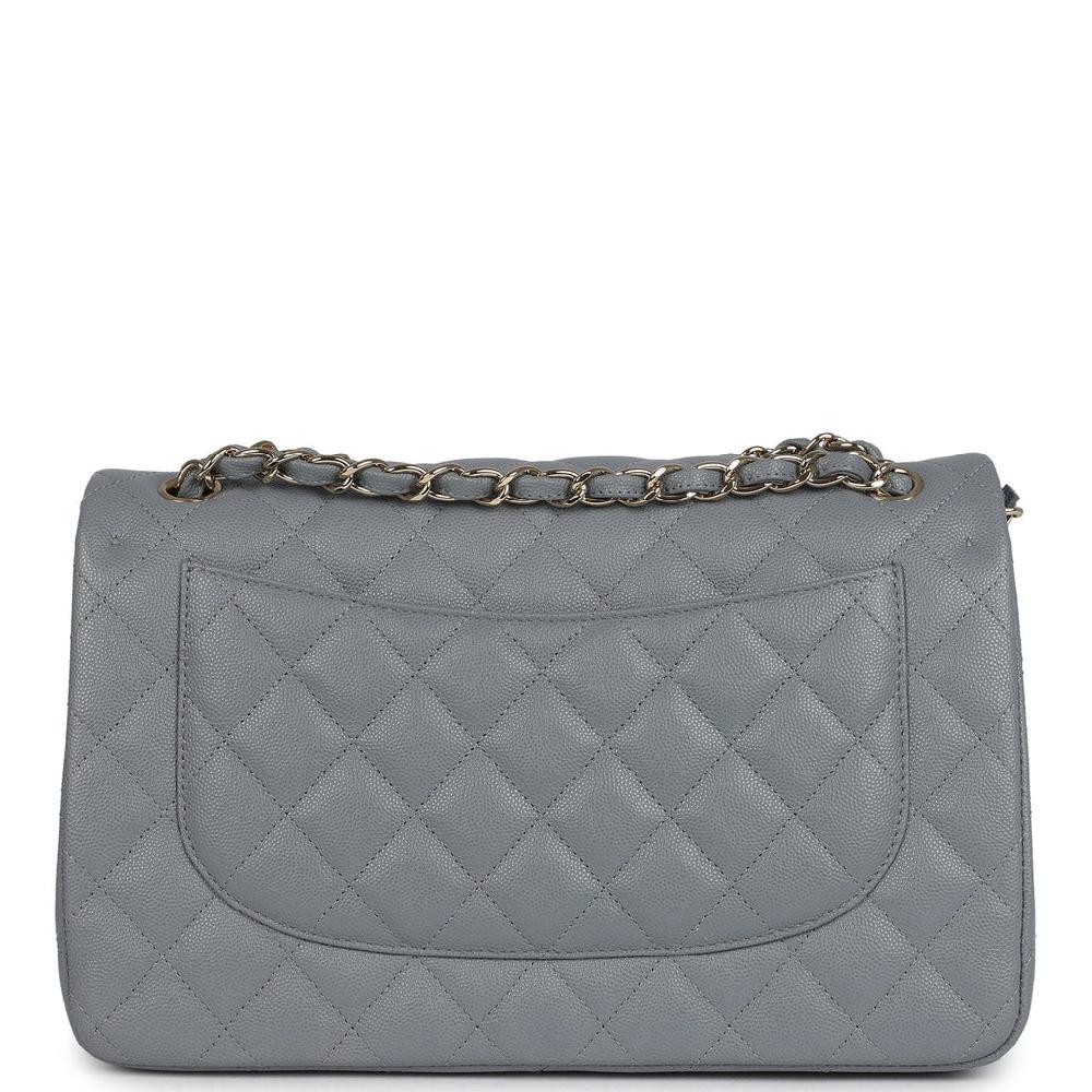 Chanel Jumbo Classic Double Flap Bag Light Grey Shiny Caviar Light Gold Hardware