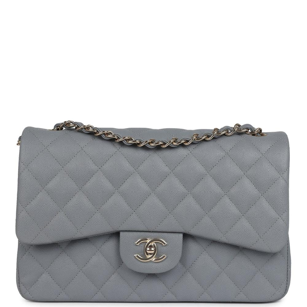Chanel Jumbo Classic Double Flap Bag Light Grey Shiny Caviar Light Gold Hardware