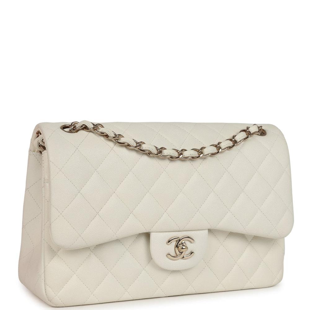 Chanel Jumbo Classic Double Flap White Caviar Light Gold Hardware