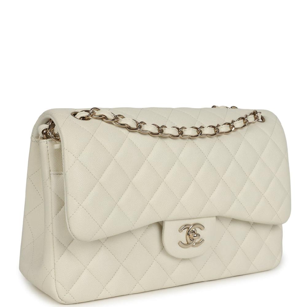 Chanel Jumbo Classic Double Flap White Caviar Light Gold Hardware