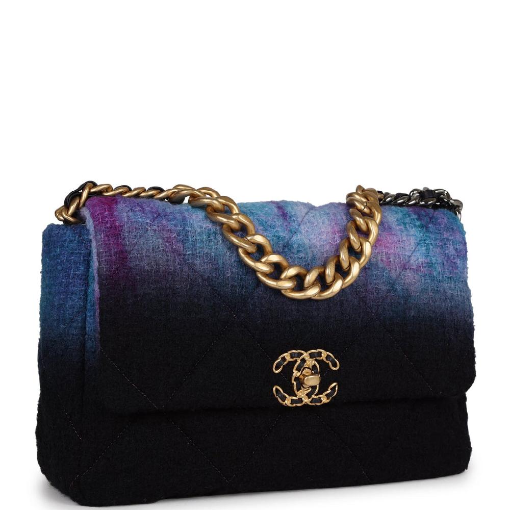 Chanel Large 19 Flap Bag Purple And Blue Wool Tweed Mixed Hardware