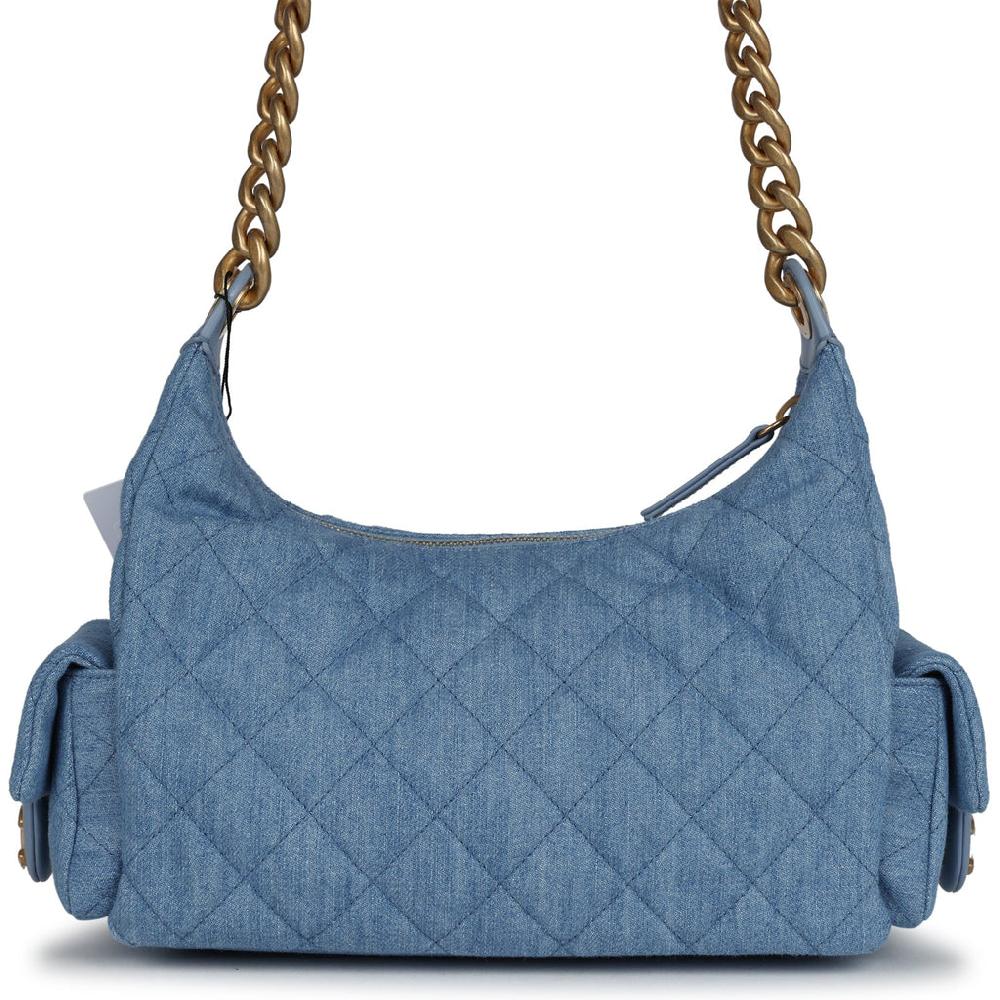 Chanel Large Cargo Hobo Bag Light Blue Washed Denim Brushed Gold Hardware
