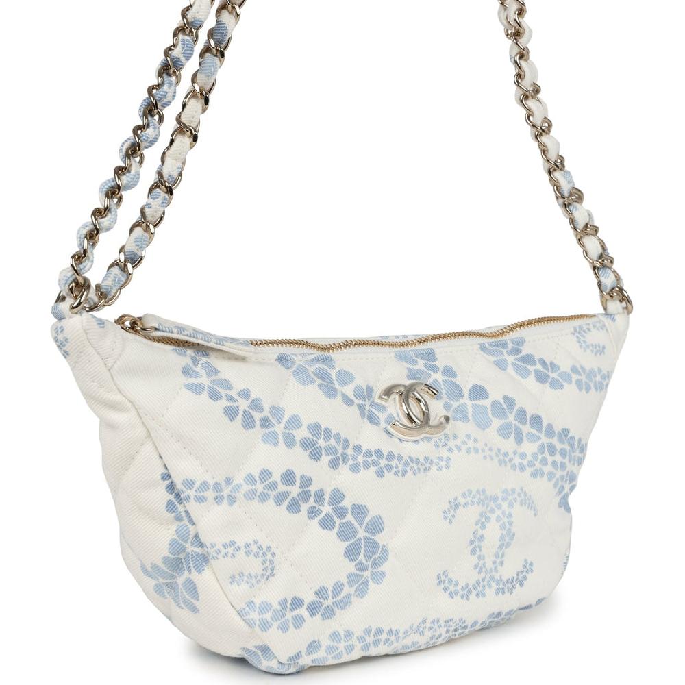 Chanel Large Coco Beach Hobo Bag In White And Blue Denim Light Gold Hardware