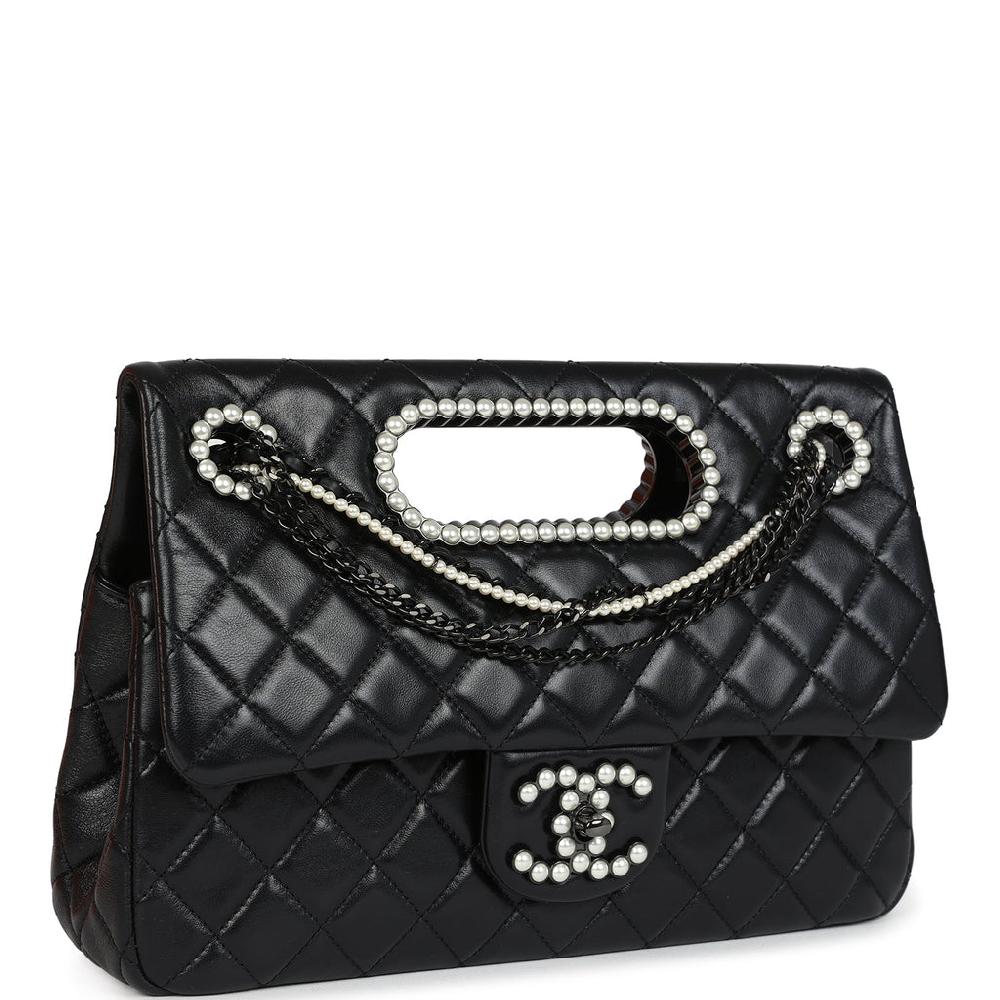 Chanel Large Double Flap Bag With Pearl Cut Out Handle Black Shiny Lambskin Black Hardware