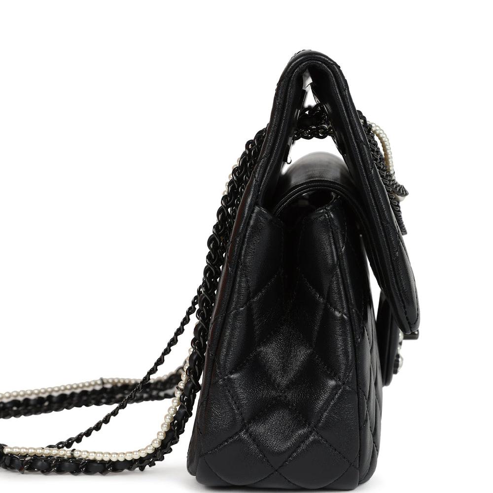 Chanel Large Double Flap Bag With Pearl Cut Out Handle Black Shiny Lambskin Black Hardware