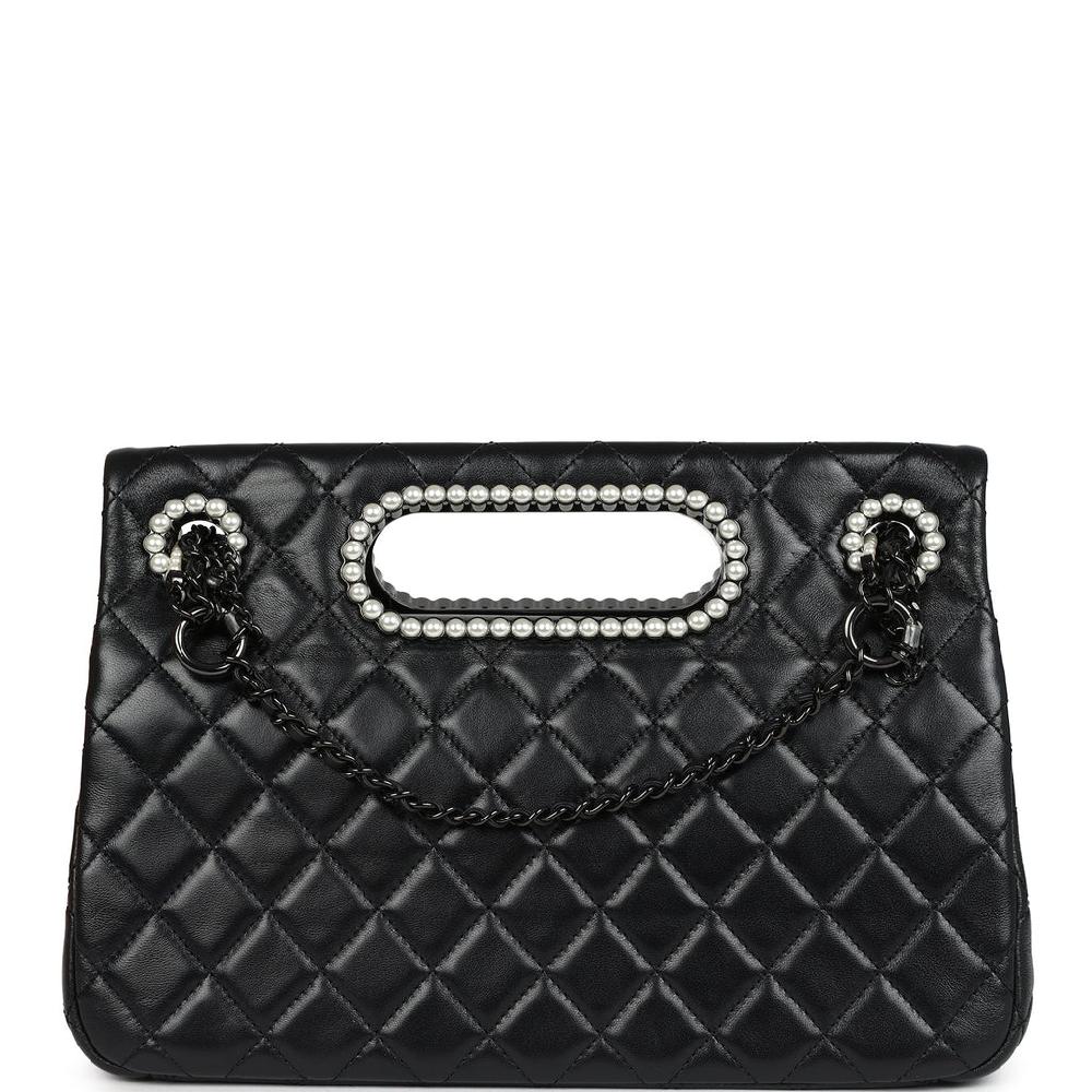 Chanel Large Double Flap Bag With Pearl Cut Out Handle Black Shiny Lambskin Black Hardware