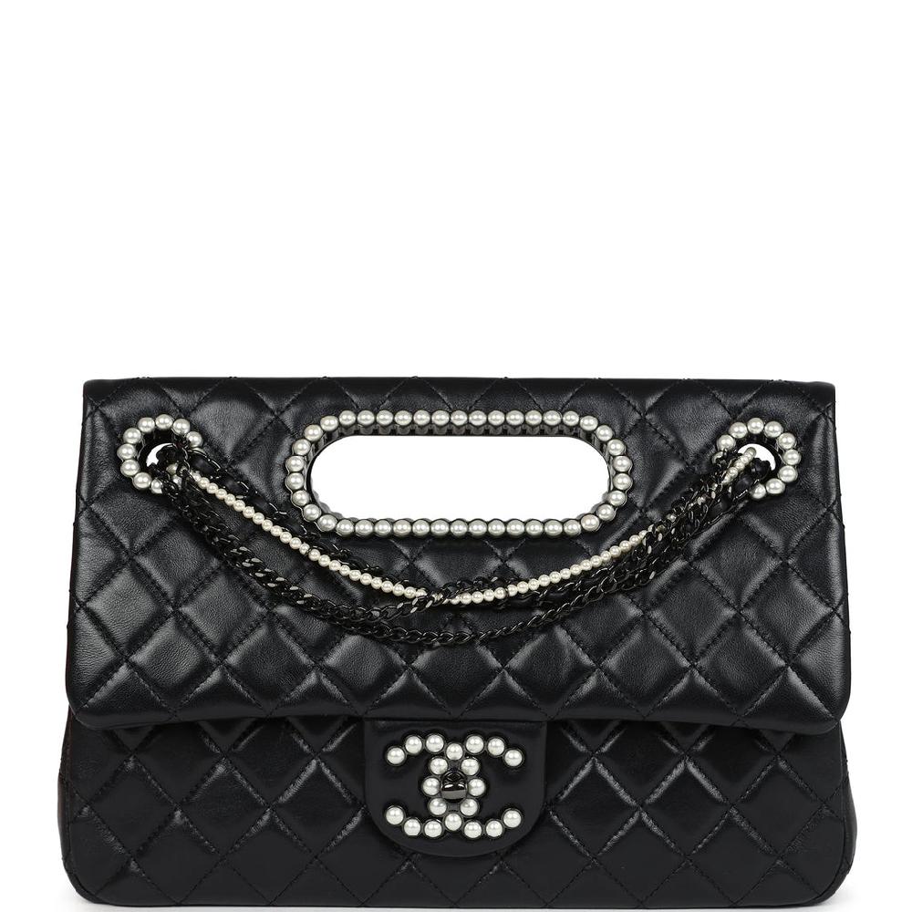 Chanel Large Double Flap Bag with Pearl Cut Out Handle Black Shiny Lambskin Black Hardware