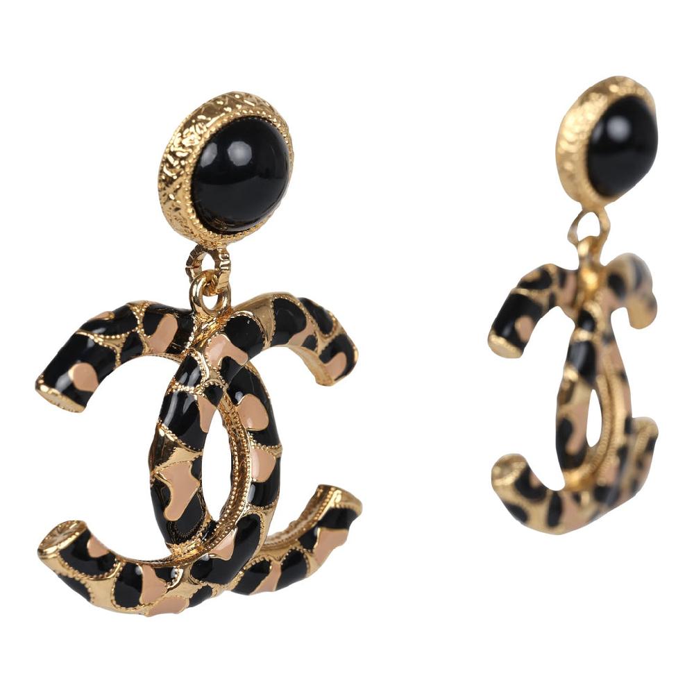 Chanel Large Leopard Print CC Dangle Earrings Black And Brown Enamel Gold Hardware