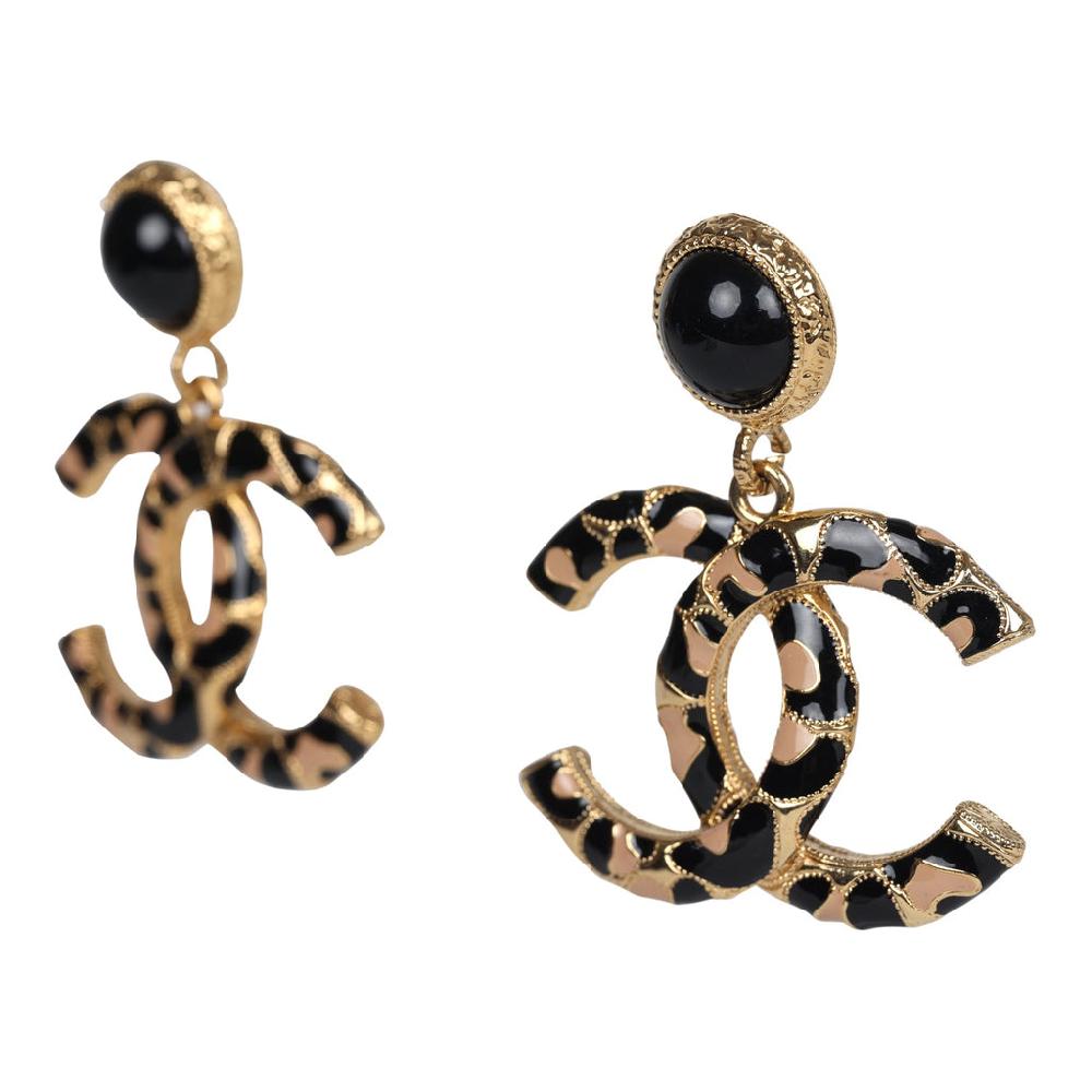 Chanel Large Leopard Print CC Dangle Earrings Black And Brown Enamel Gold Hardware