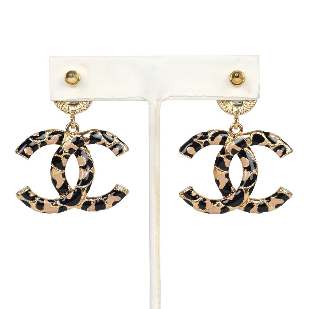 Chanel Large Leopard Print CC Dangle Earrings Black And Brown Enamel Gold Hardware