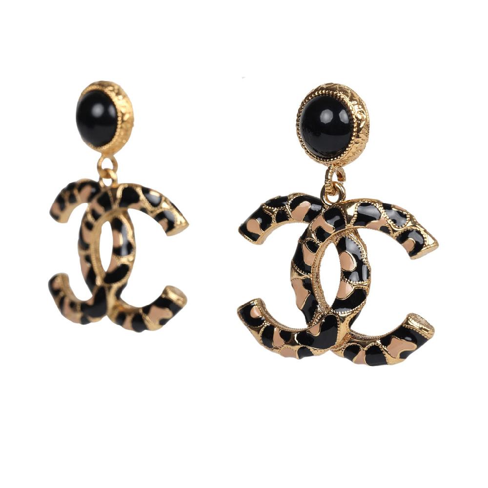 Chanel Large Leopard Print CC Dangle Earrings Black/Brown Enamel Gold Hardware