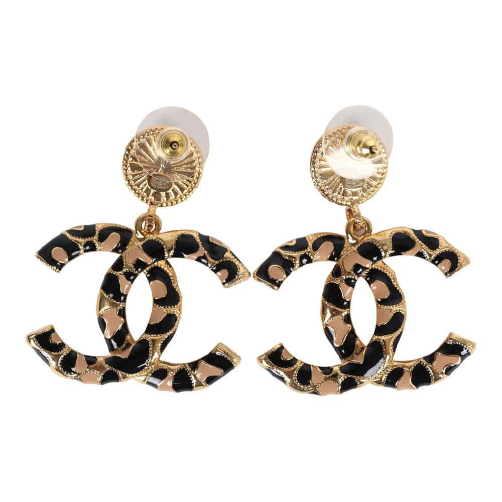 Chanel Large Leopard Print CC Dangle Earrings Black/Brown Enamel Gold Hardware