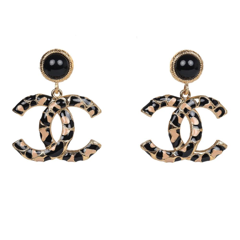 Chanel Large Leopard Print CC Dangle Earrings Black/Brown Enamel Gold Hardware