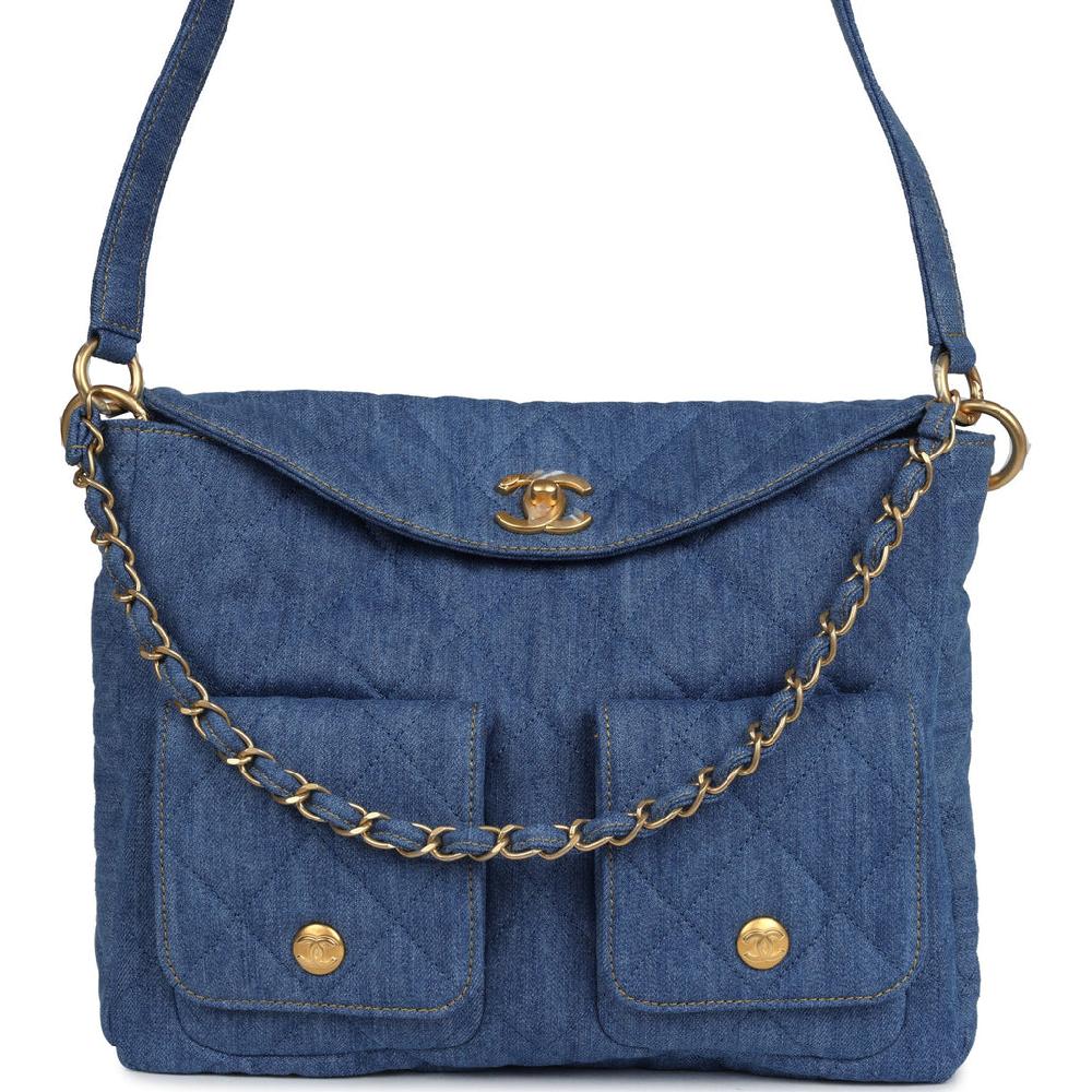 Chanel Large Supple Twins Hobo Bag Blue Denim Brushed Gold Hardware